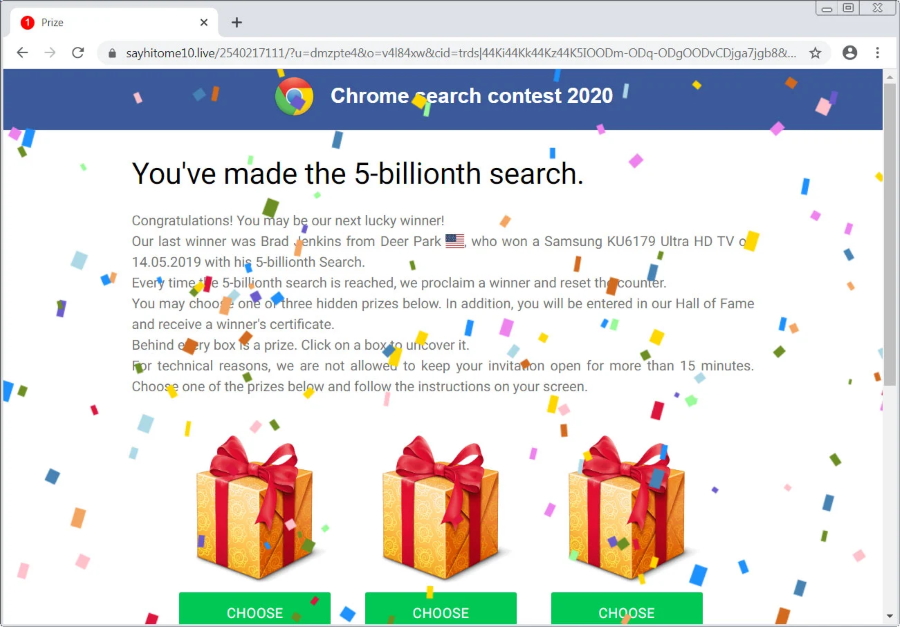How to remove "You've Made The 5billionth Search" popup scam